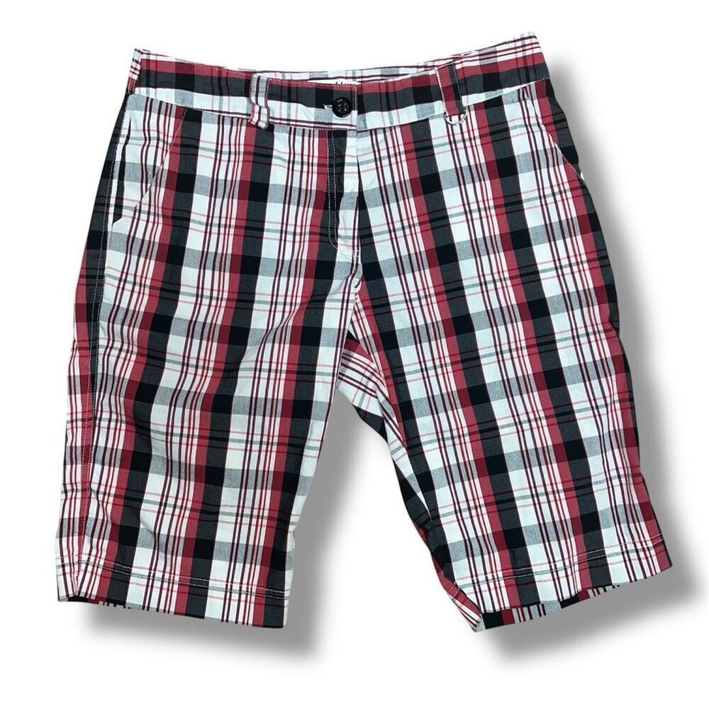 Lija Plaid Striped Red, White, Black Golf Bermuda Shorts Cotton Blend Women’s 10